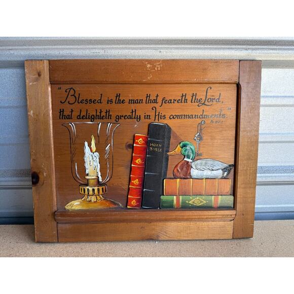 3-D Acrylic BLESSED IS THE‎ MAN BIBLE Wood Painting 15x12 Signed J. Weir Vintage - Picture 1 of 7
